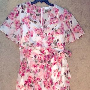 Calvin Klein Pink Floral Chiffon NWT Dress w/Asymmetrical Hem, Lined, Sz-14